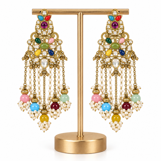Gold Multicolor Pearl Beaded Drop Earrings for Women