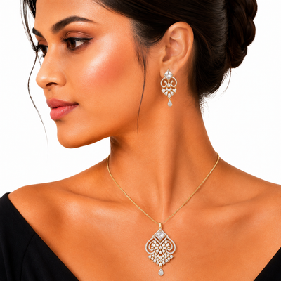 Gold Ornate Crystal Pendant Necklace Set for Women