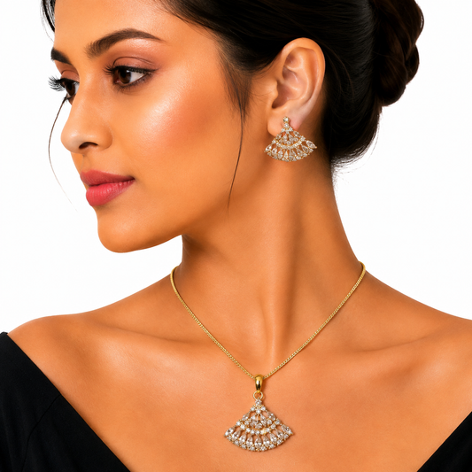 Gold Ornate Fan Crystal Pendant Necklace Set for Women