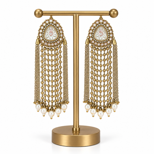 Gold Pearl Beaded Chain Drop Earrings for Women