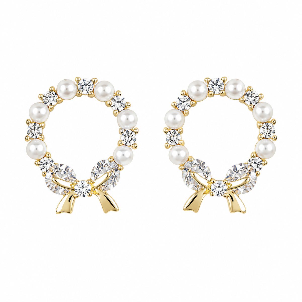 Gold Pearl Bow Hoop Earrings with Crystal Accents