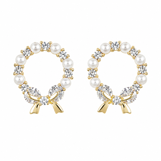 Gold Pearl Bow Hoop Earrings with Crystal Accents