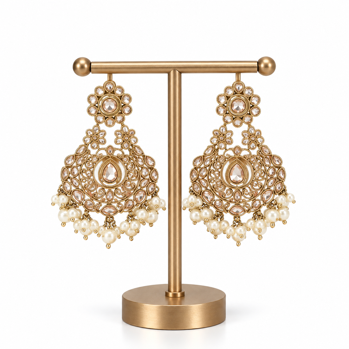 Gold Pearl Crystal Chandelier Drop Earrings for Women