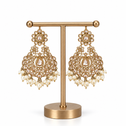 Gold Pearl Crystal Chandelier Drop Earrings for Women