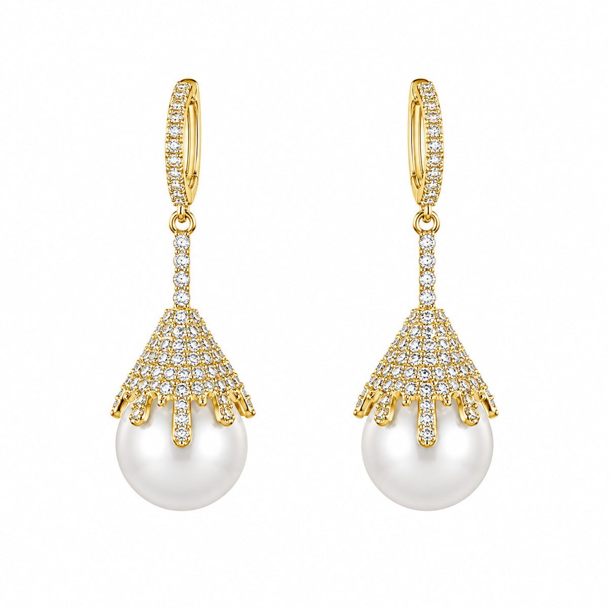 Gold Pearl Crystal Drop Hoop Earrings for Women