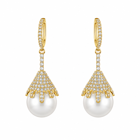 Gold Pearl Crystal Drop Hoop Earrings for Women