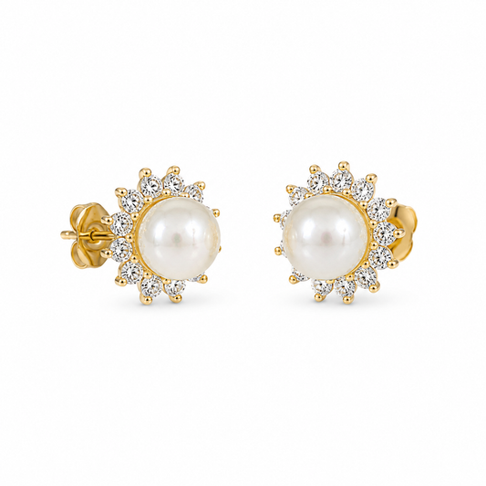 Gold Pearl Crystal Halo Stud Earrings for Women
