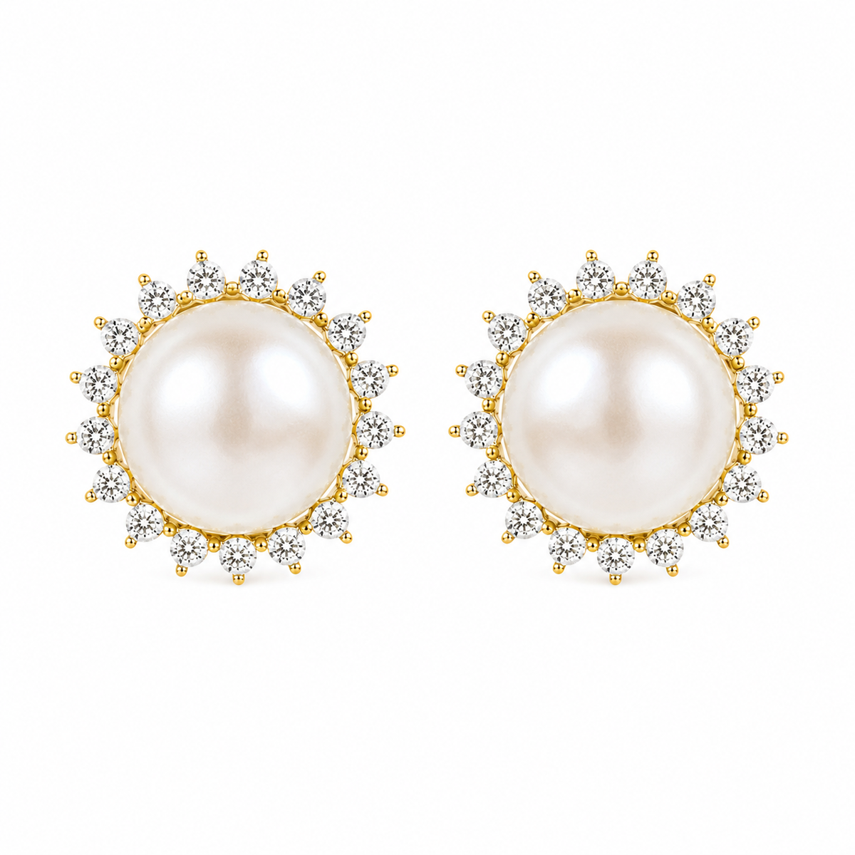 Gold Pearl Halo Crystal Stud Earrings for Women