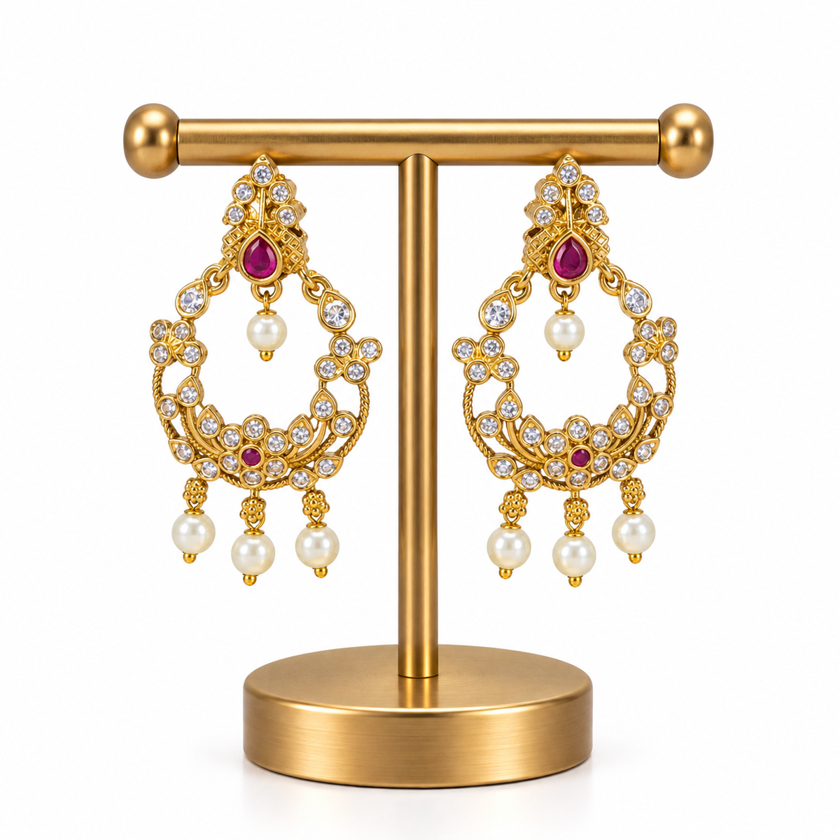 Gold Pearl Ruby Crystal Chandelier Drop Earrings