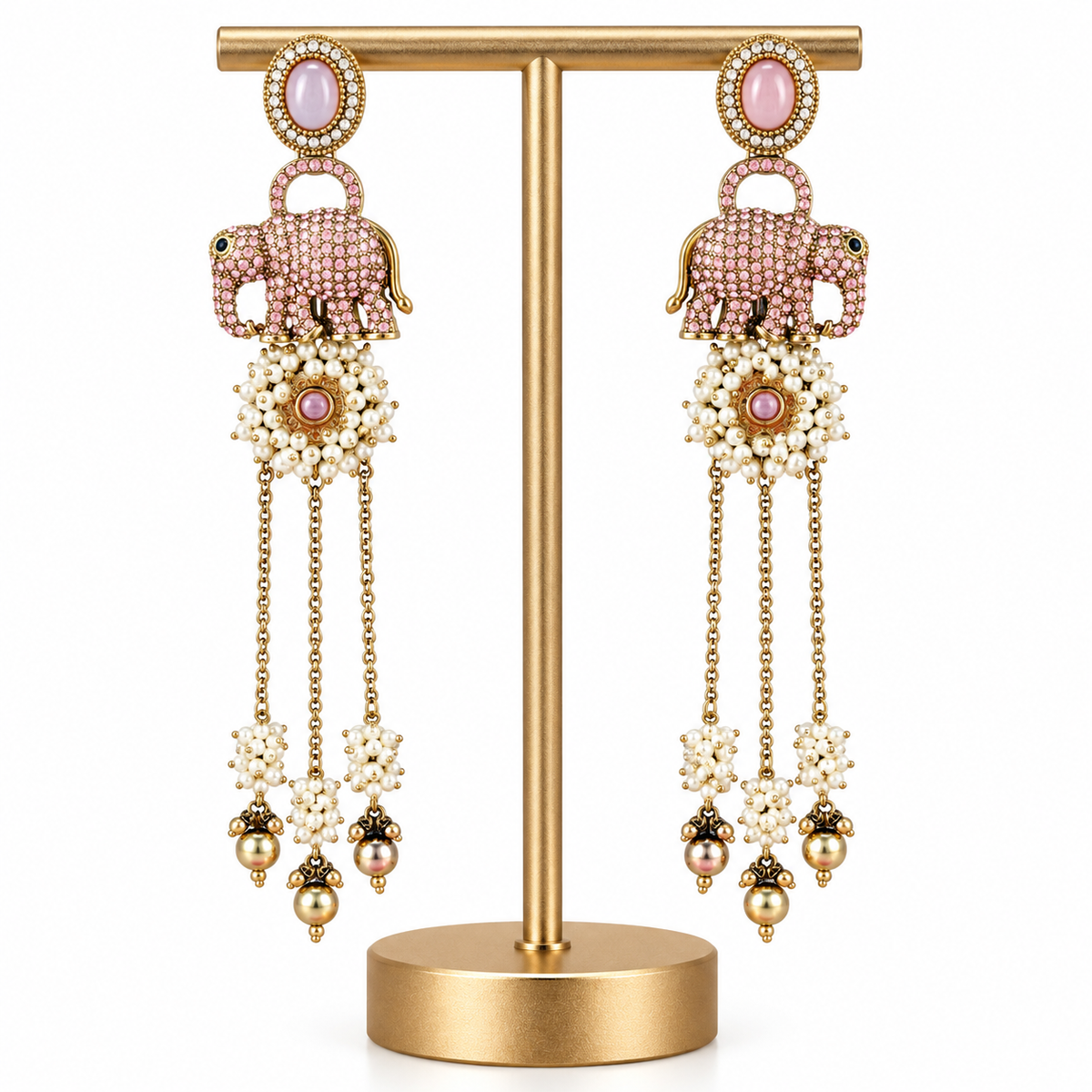 Gold Pink Elephant Pearl Drop Earrings for Women