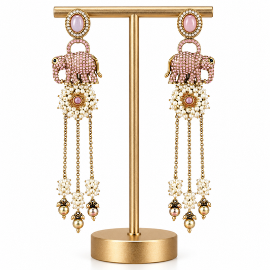 Gold Pink Elephant Pearl Drop Earrings for Women
