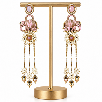 Gold Pink Elephant Pearl Drop Earrings for Women