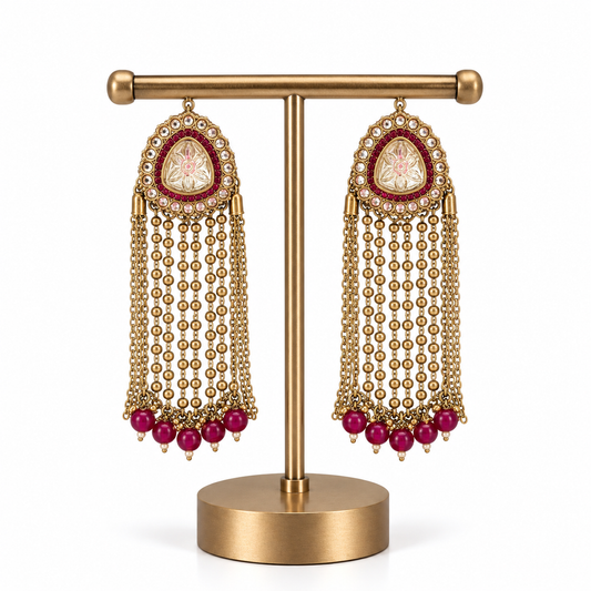 Gold Pink Pearl Beaded Chain Drop Earrings for Women