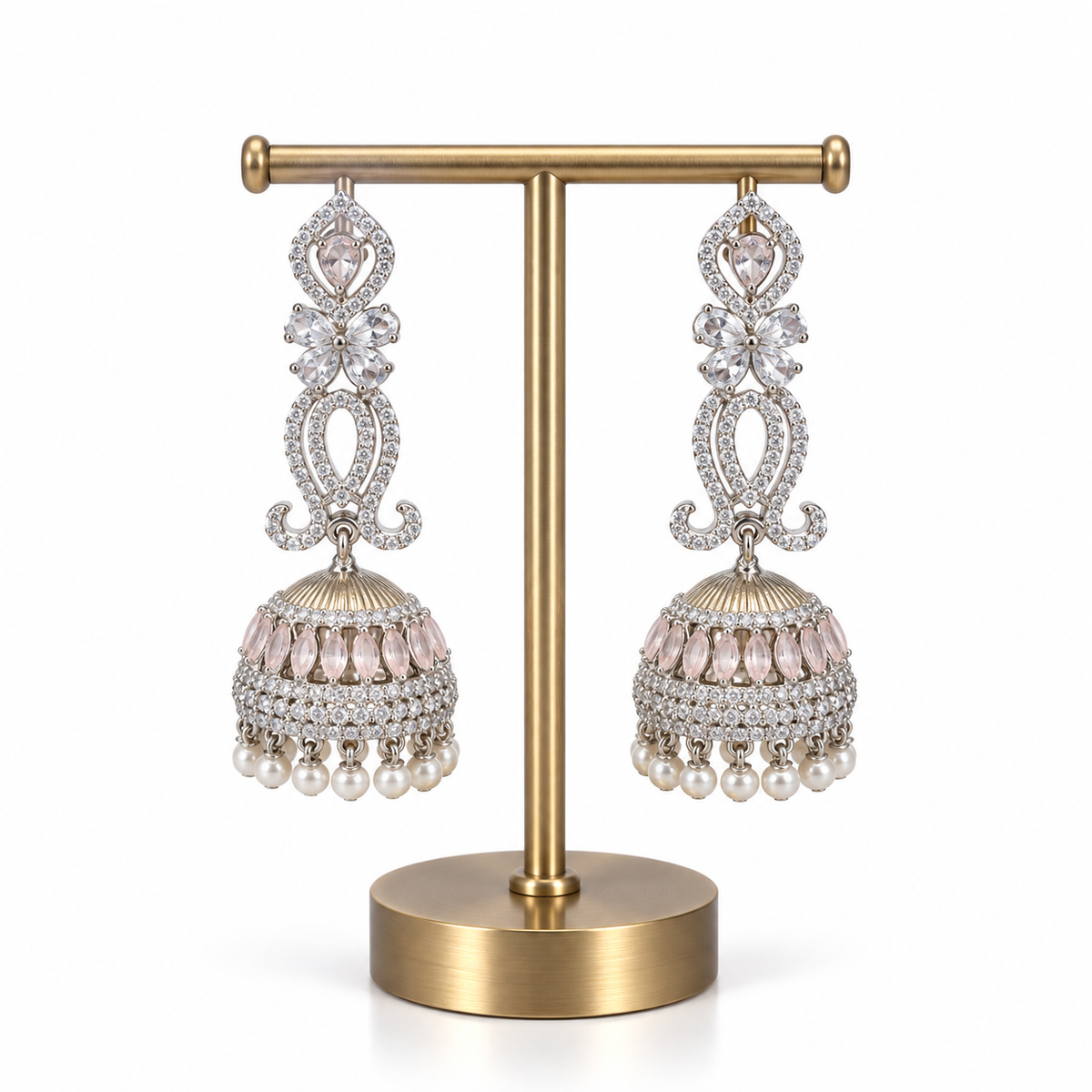 Gold Pink Pearl Jhumka Drop Earrings for Women