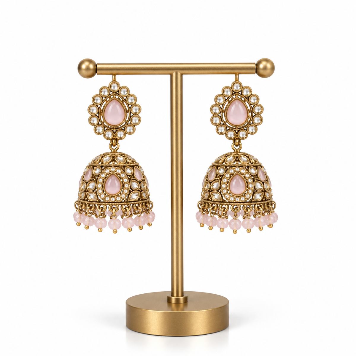 Gold Pink Stone Jhumka Drop Earrings for Women