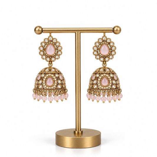 Gold Pink Stone Jhumka Drop Earrings for Women