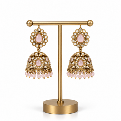 Gold Pink Stone Jhumka Drop Earrings for Women