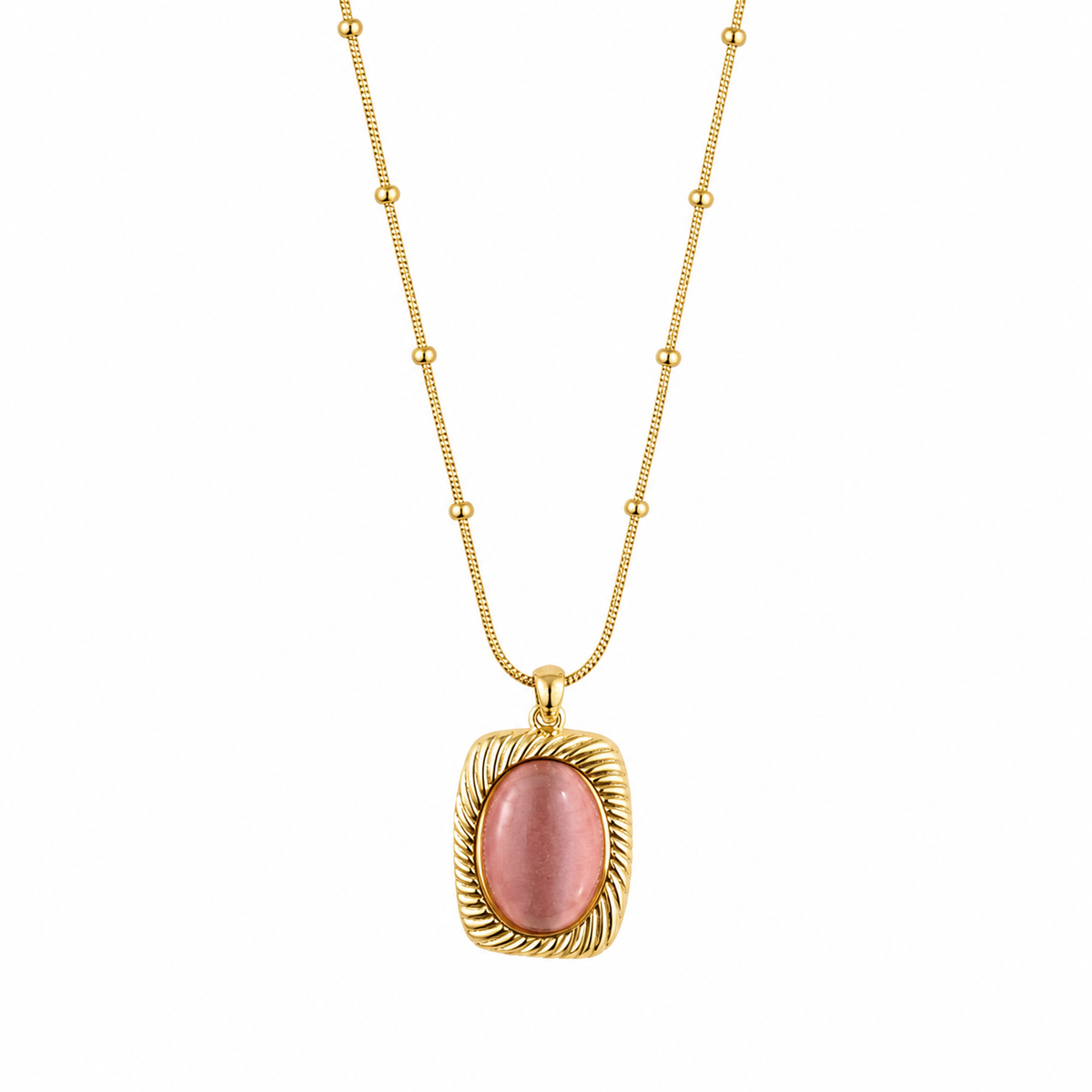 Gold Pink Stone Oval Pendant Necklace for Women