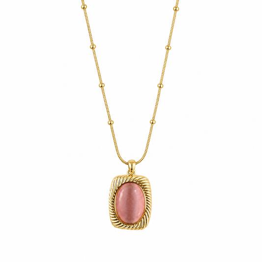 Gold Pink Stone Oval Pendant Necklace for Women