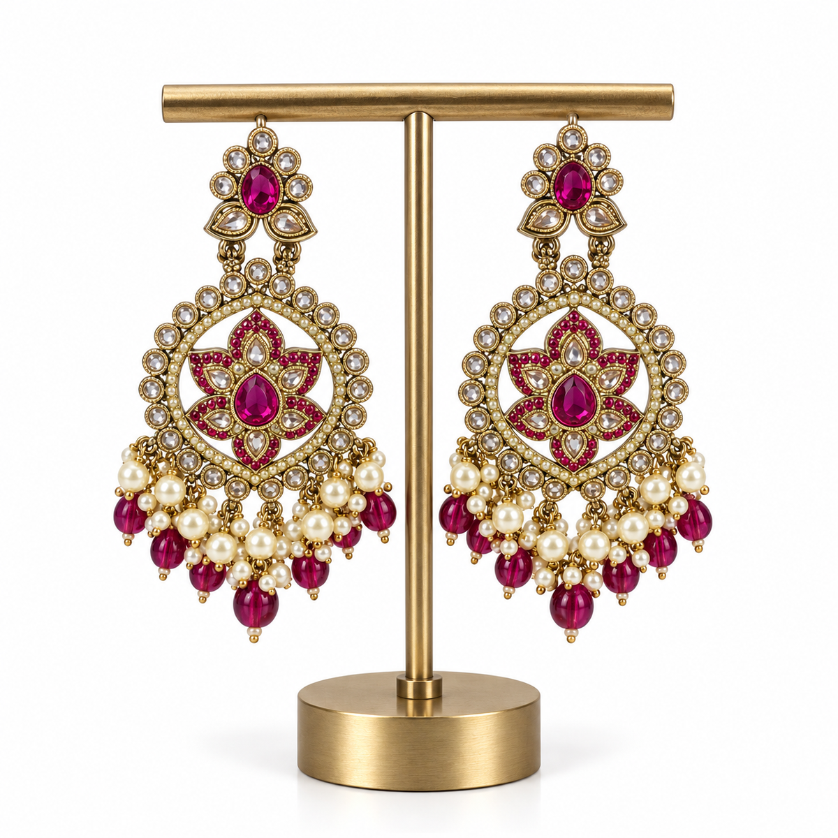Gold Pink Stone Pearl Drop Earrings for Women