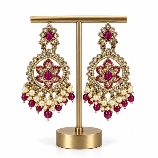 Gold Pink Stone Pearl Drop Earrings for Women