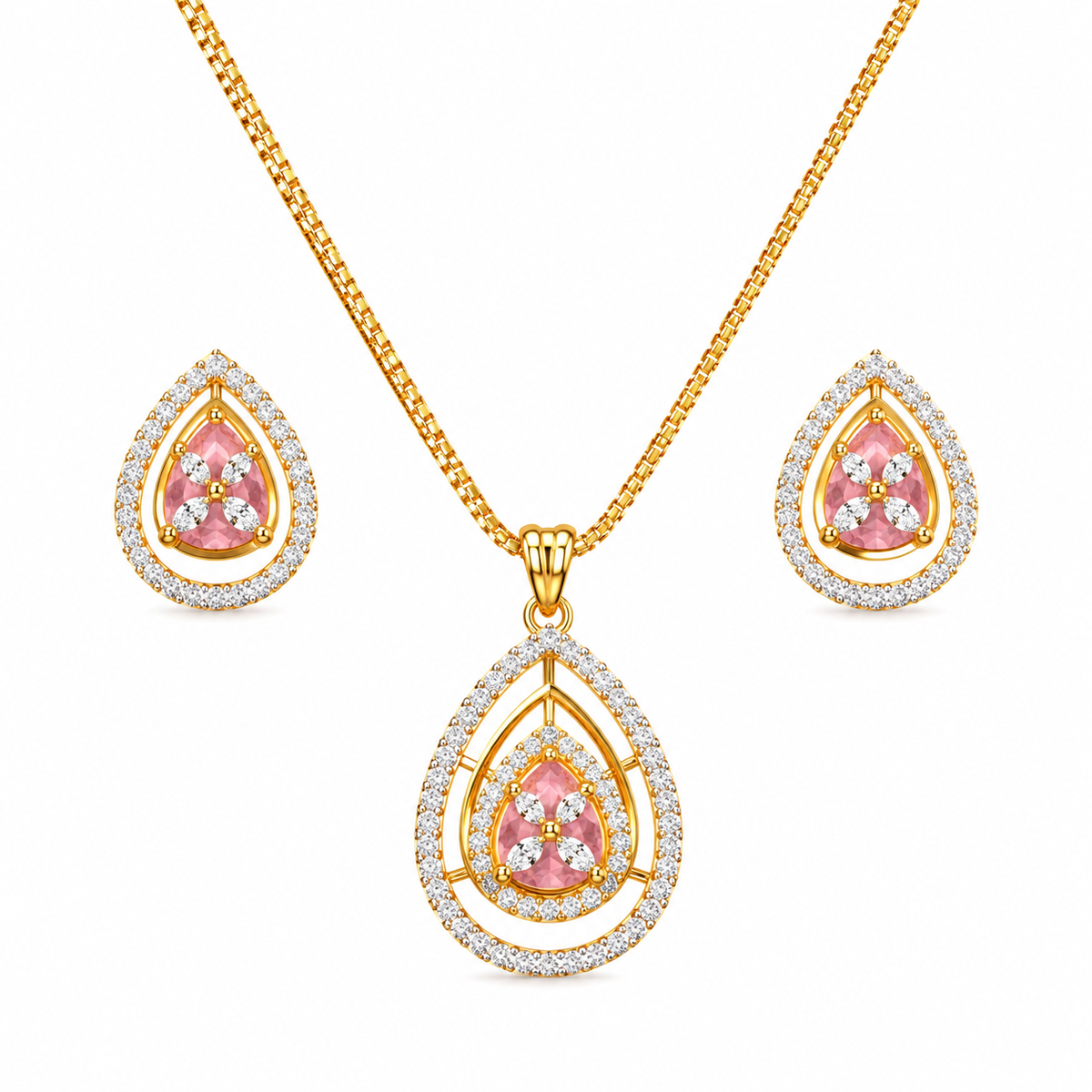 Gold Pink Teardrop Crystal Pendant Set