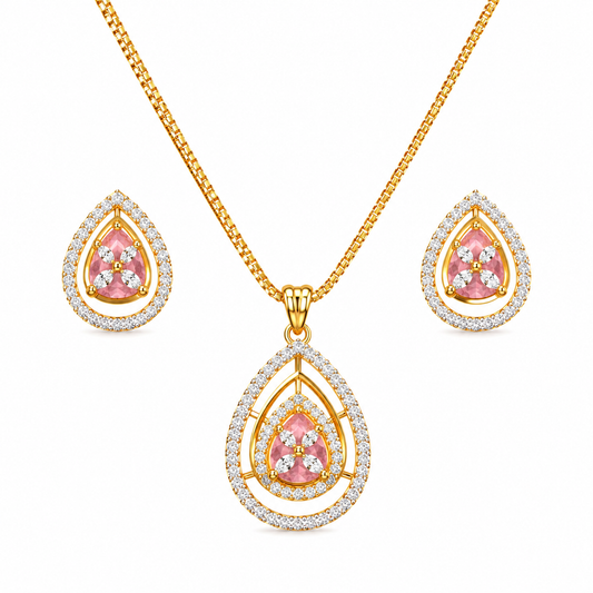Gold Pink Teardrop Crystal Pendant Set