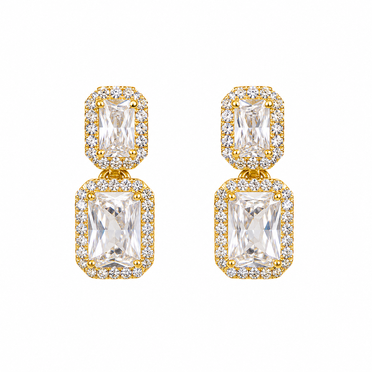 Gold Rectangular Crystal Drop Earrings with CZ Accents
