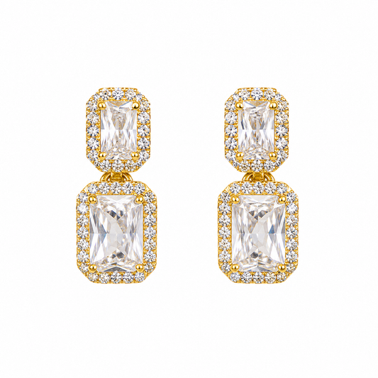 Gold Rectangular Crystal Drop Earrings with CZ Accents
