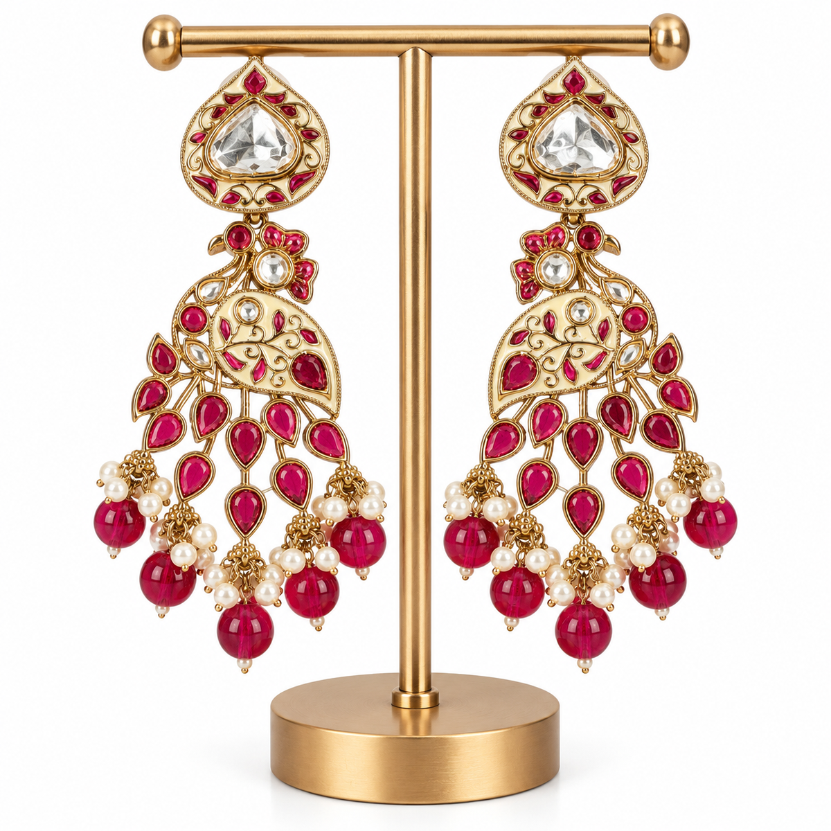 Gold Red Stone Pearl Drop Earrings for Women