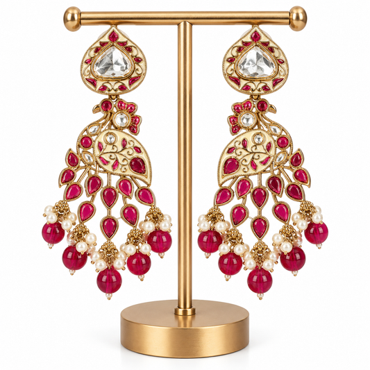 Gold Red Stone Pearl Drop Earrings for Women