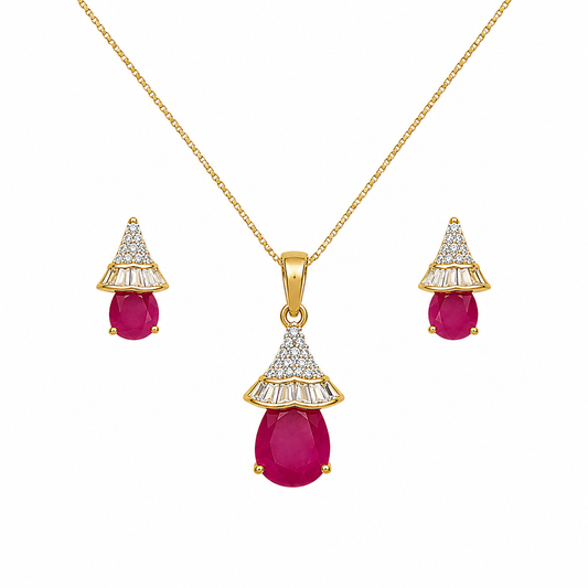 Gold Ruby Drop Crystal Pendant Necklace Set