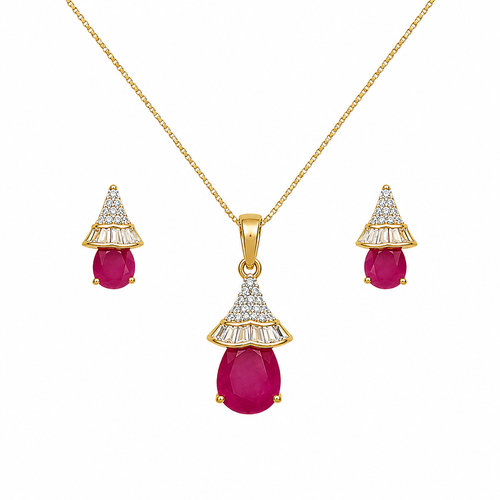Gold Ruby Drop Crystal Pendant Necklace Set