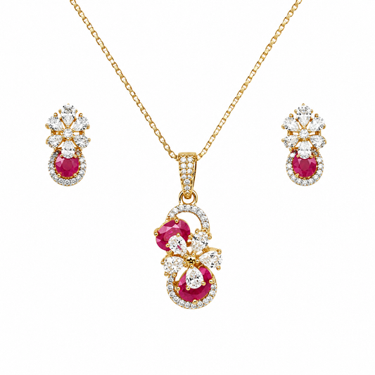 Gold Ruby Floral Teardrop Pendant Necklace Set