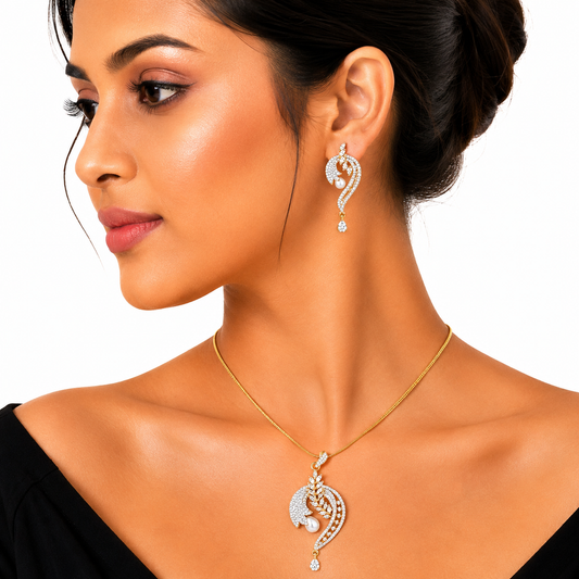 Gold Swan Pearl Crystal Pendant Necklace Set for Women