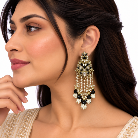 Gold Black Pearl Beaded Drop Earrings for Women