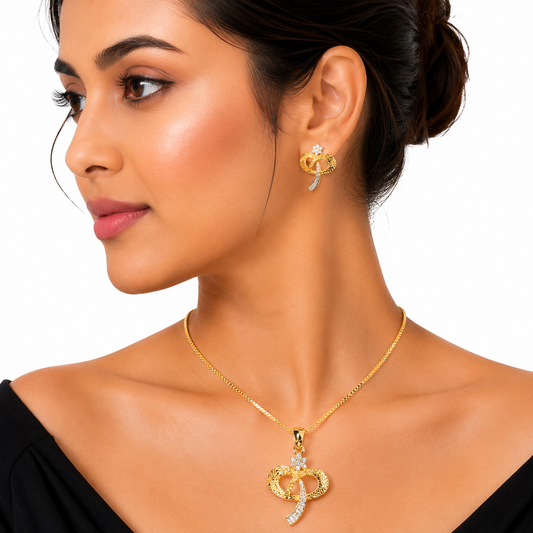 Gold Bow Floral Crystal Pendant Necklace Set