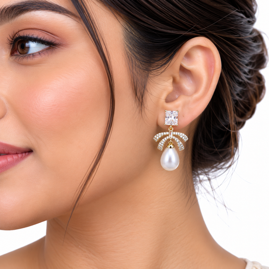 Gold Bow Pearl Drop Earrings with Crystal Accents