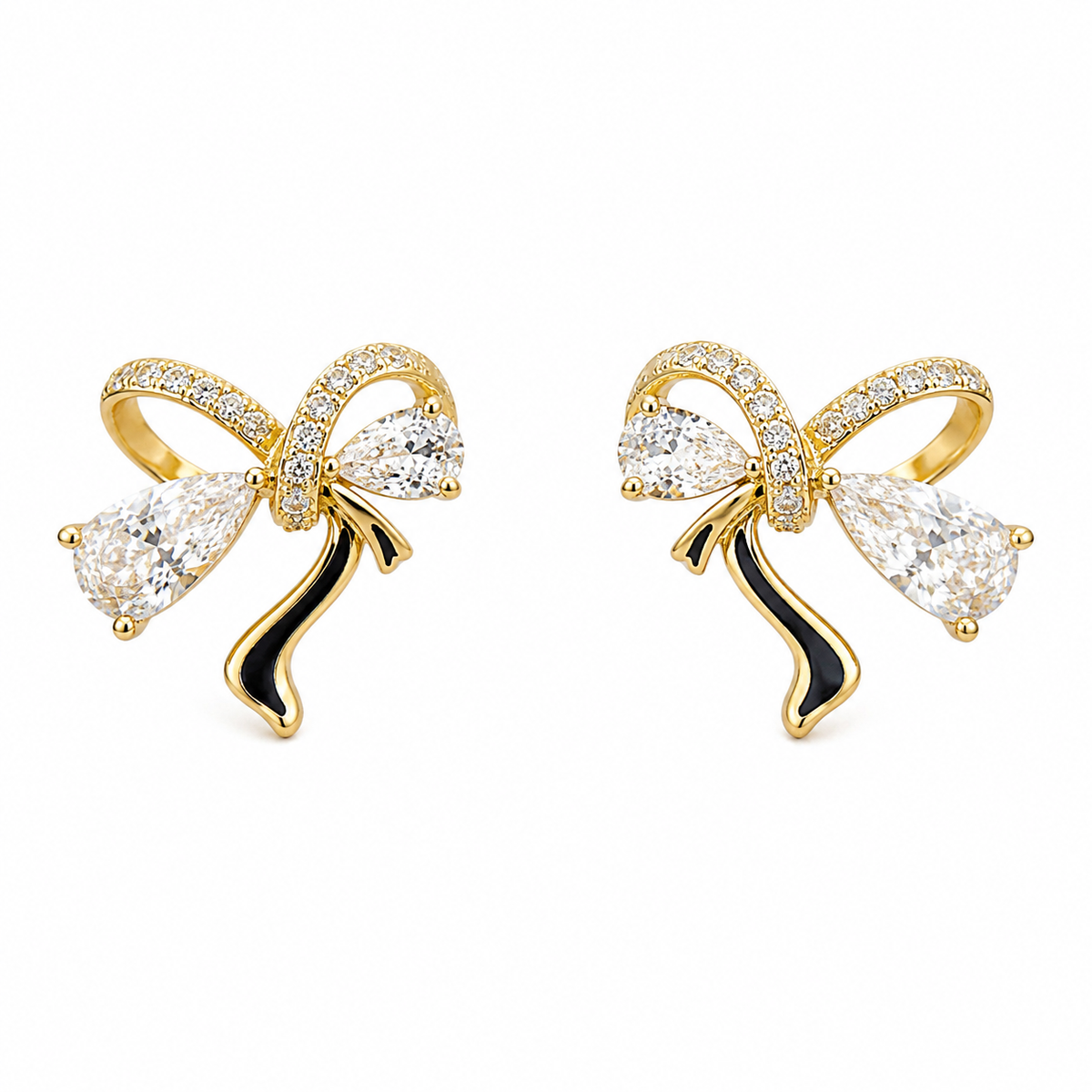 Gold Bow Stud Earrings with Crystal Accents