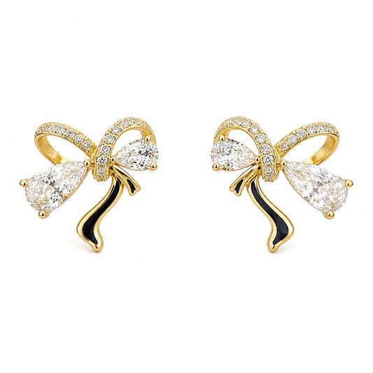 Gold Bow Stud Earrings with Crystal Accents