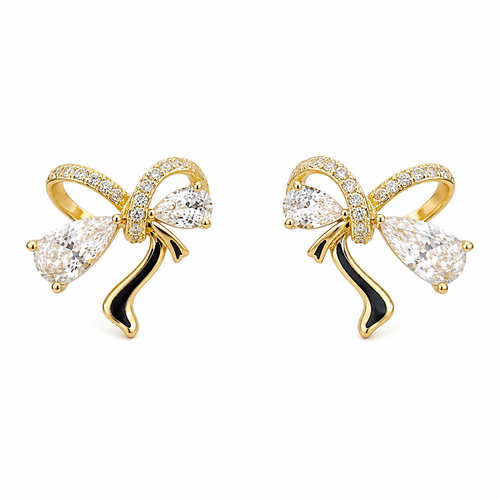 Gold Bow Stud Earrings with Crystal Accents
