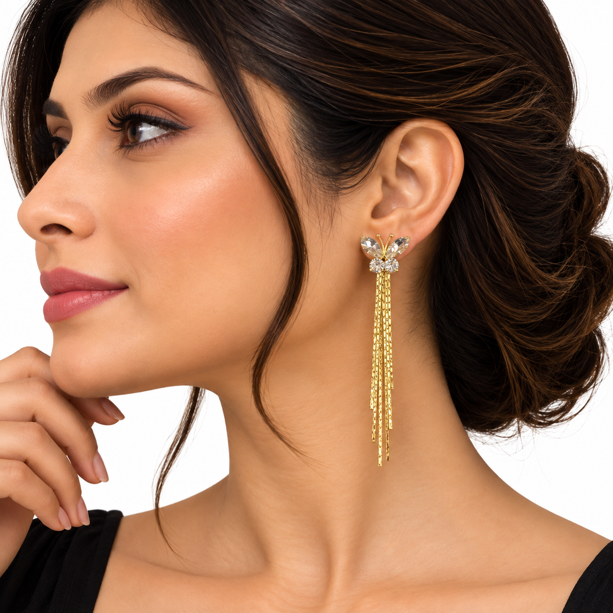 Gold Butterfly Crystal Chain Drop Earrings