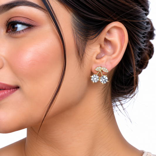 Gold Cherry Crystal Stud Earrings for Women