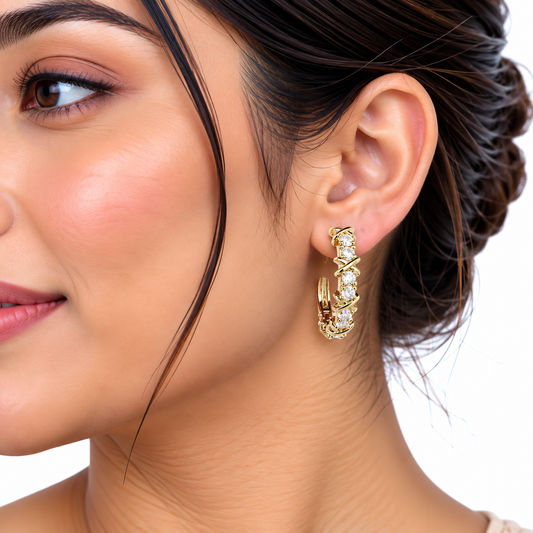 Gold Crystal Hoop Earrings with Twisted Design