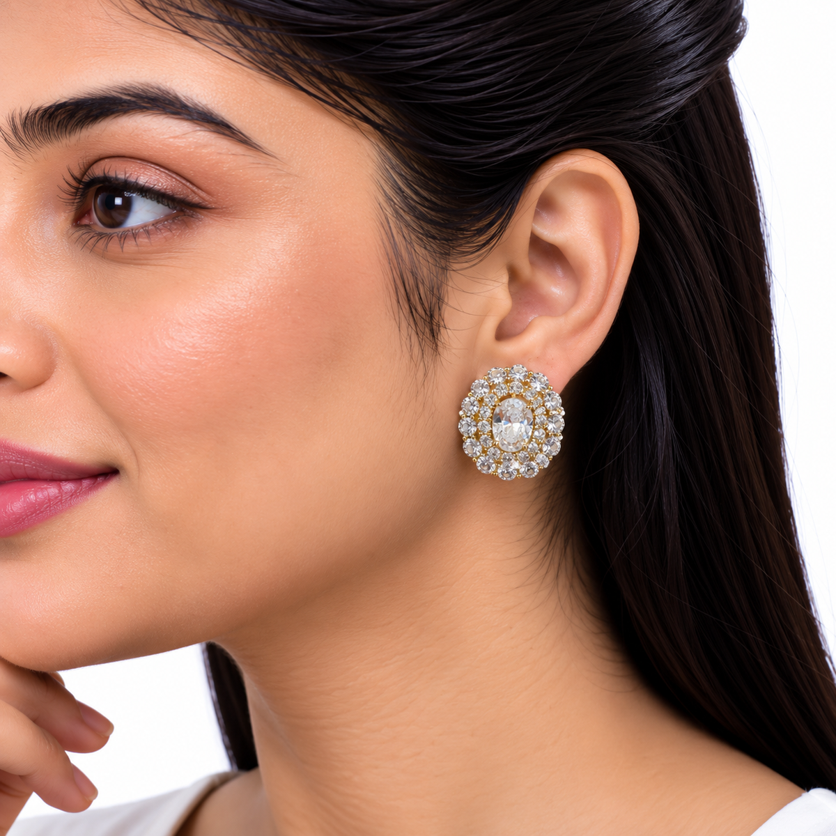 Gold Crystal Oval Stud Earrings for Women