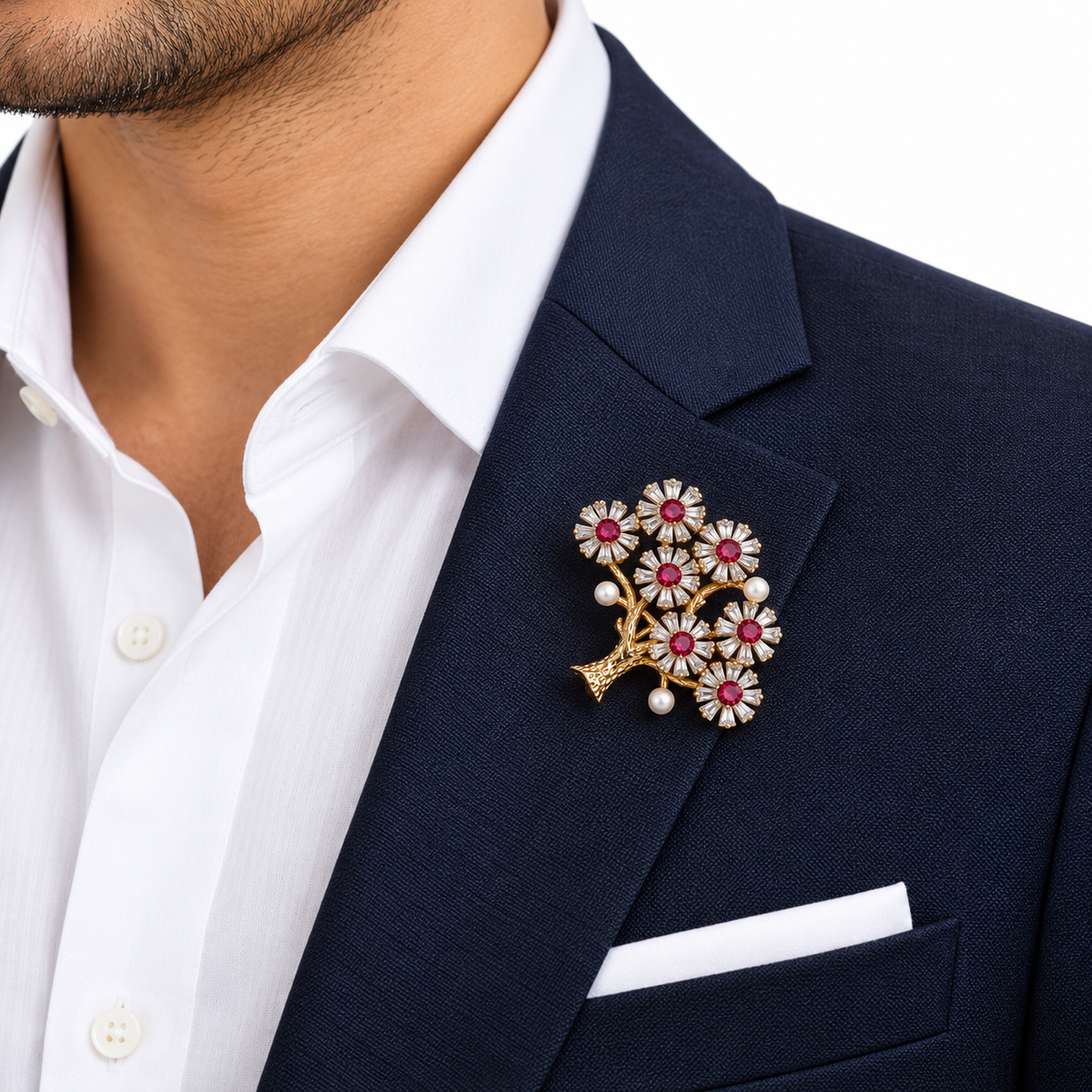 Elegant Gold Floral Ruby Crystal Tree Brooch