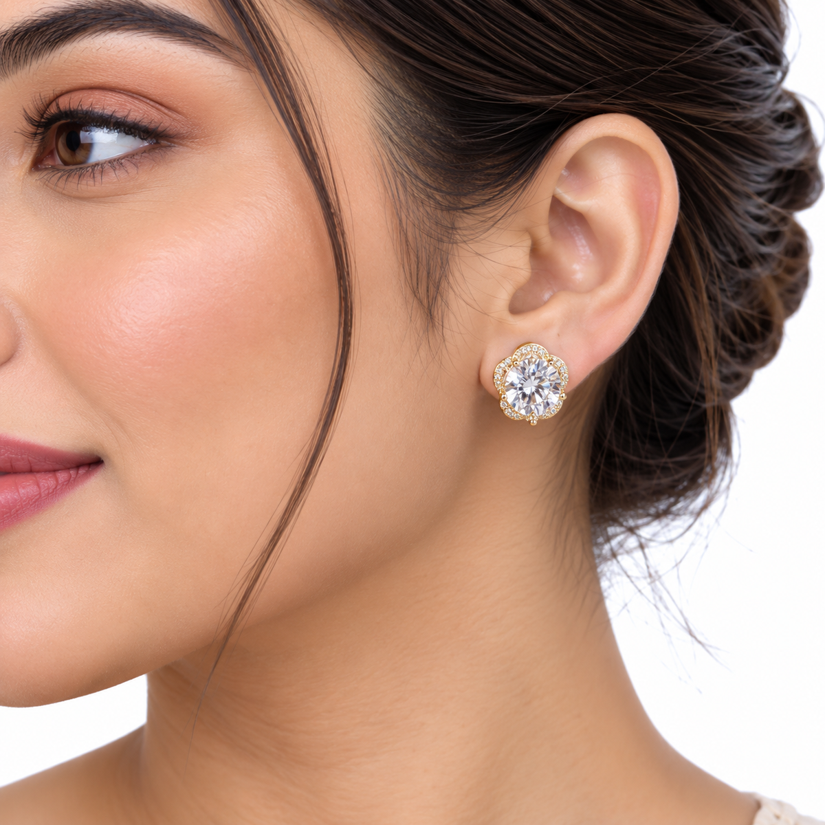 Gold Flower Crystal Stud Earrings for Women