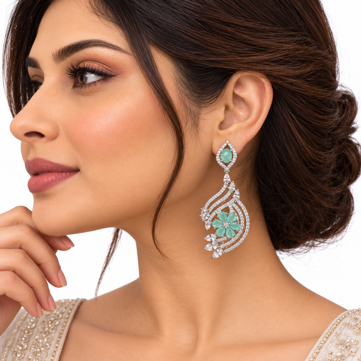 Gold Green Stone Crystal Floral Drop Earrings for Women