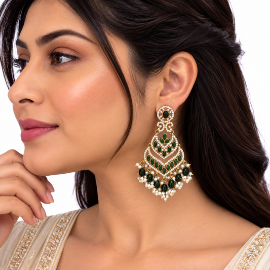 Gold Green Stone Pearl Long Drop Earrings for Women