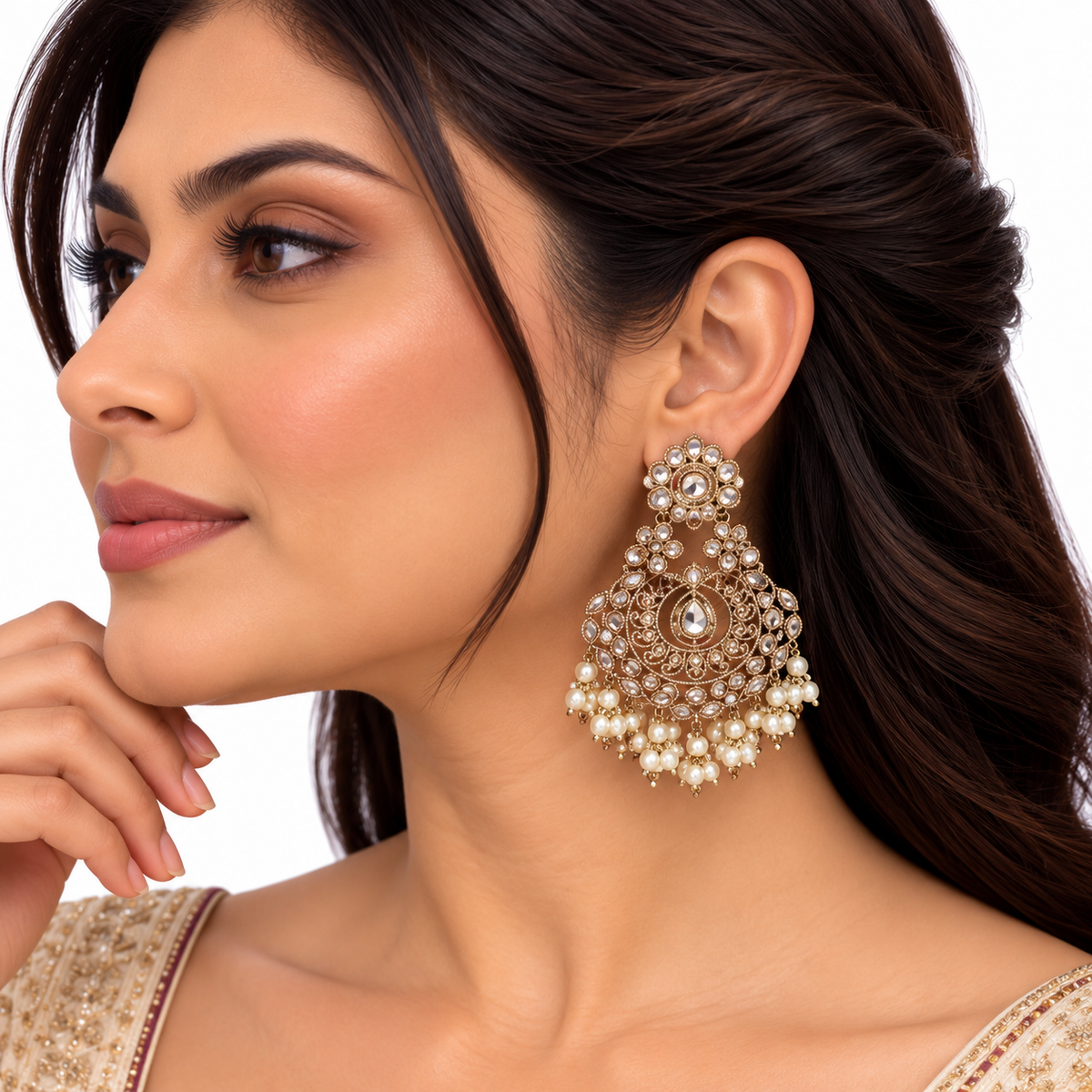 Gold Pearl Crystal Chandelier Drop Earrings for Women